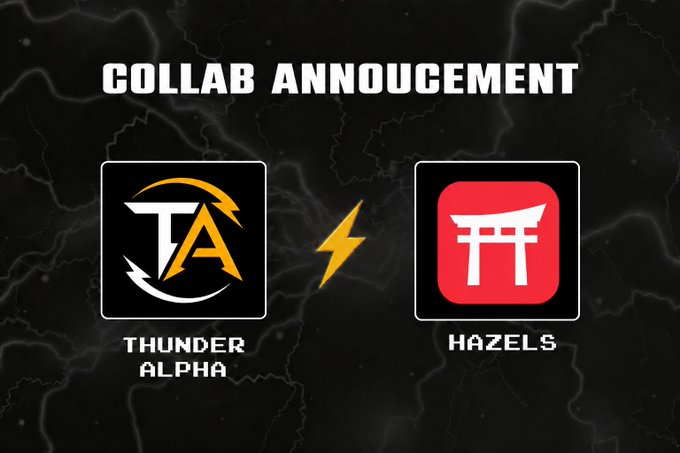 A collaboration announcement graphic featuring the logos 'THUNDER ALPHA' and 'HAZELS' separated by a yellow lightning bolt on a dark background.