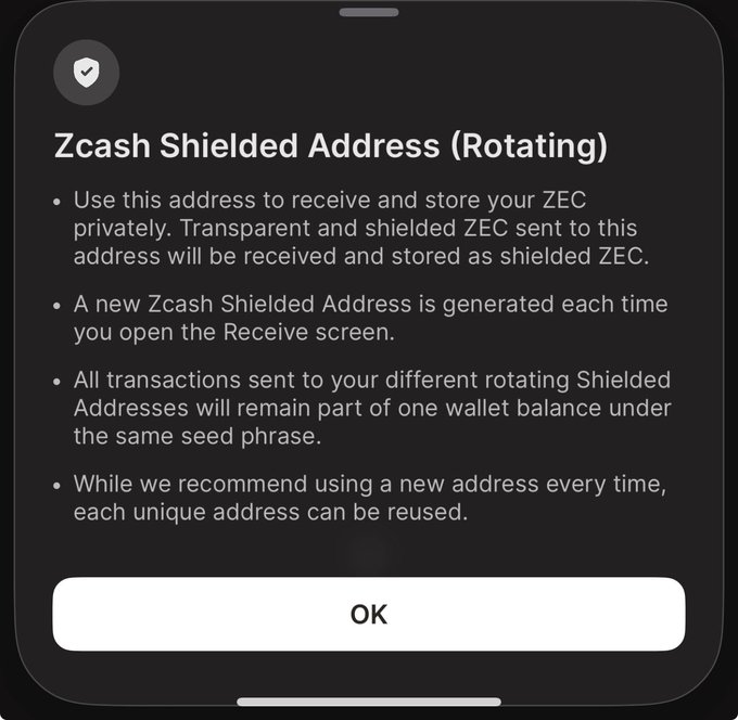 A Zcash Shielded Address (Rotating) notice explains that a new shielded ZEC address is generated each time the Receive screen opens, while funds sent to different rotating addresses share one wallet balance under the same seed phrase. It reinforces the post by clarifying that Shielded Addresses rotate and change over time.