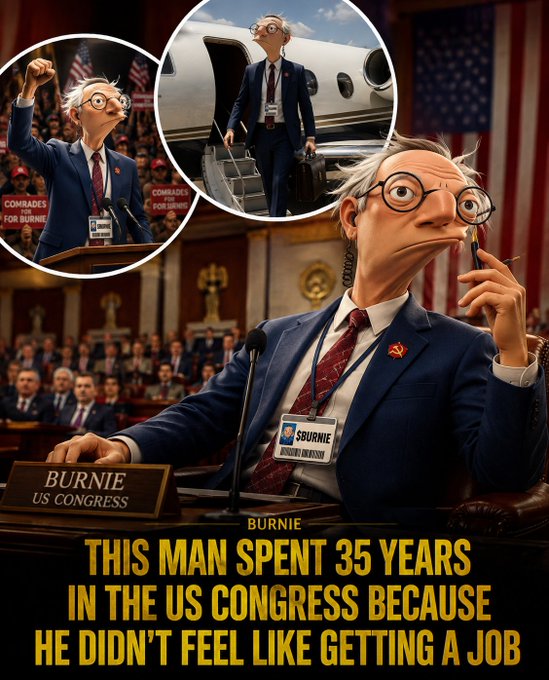 A satirical political collage features a character named 'BURNIE' in US Congress with text reading 'THIS MAN SPENT 35 YEARS IN THE US CONGRESS BECAUSE HE DIDN'T FEEL LIKE GETTING A JOB'.