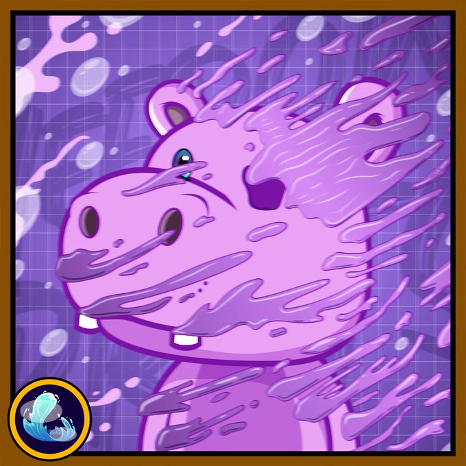 The image features a cartoon hippopotamus with purple spots, giving it a unique appearance. The background of the image is a dark purple color, which contrasts with the pink hue of the hippo's fur. The text "Happy Bonanza Monday @MHeepow #HeepowBonanza #Algorand NFTs" is present in the image, suggesting that this artwork might be related to a post on social media or an online platform.