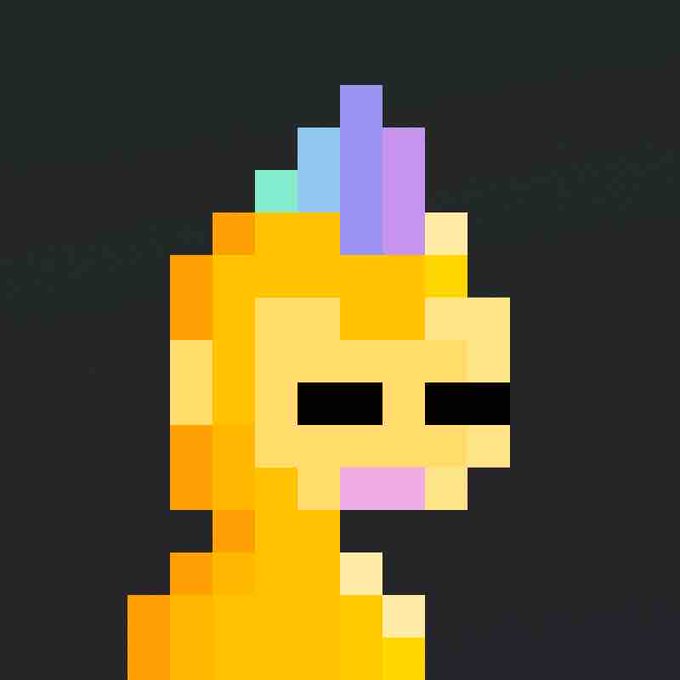 Pixel art portrait of a yellow character with a purple, blue, and green mohawk, set against a dark background.