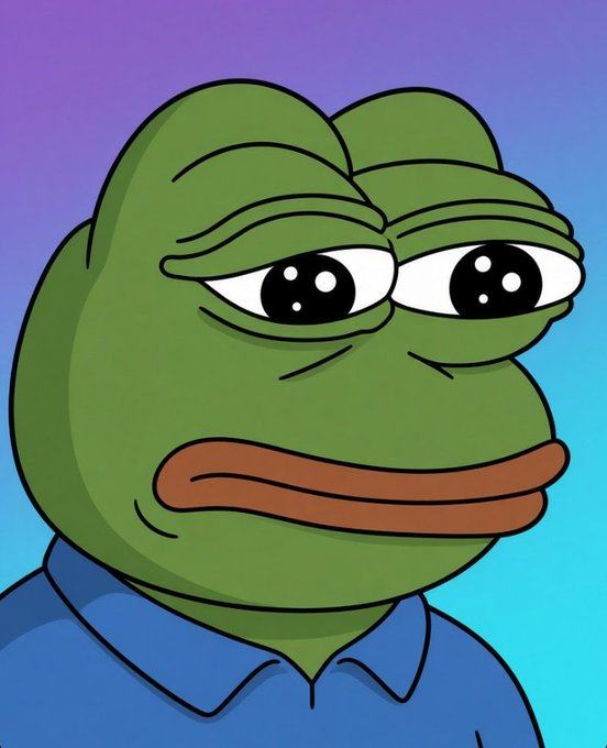 A close-up cartoon illustration of a green Pepe the Frog character with large eyes and a serious expression, wearing a blue collared shirt against a purple and blue gradient background.