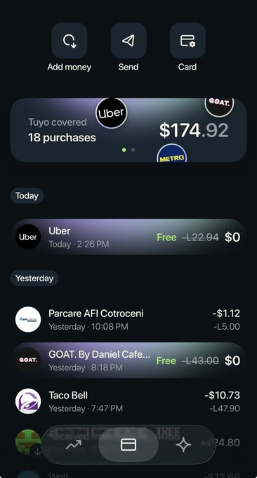 A mobile banking app dashboard shows a balance of $174.92, a 'Tuyo covered 18 purchases' summary, and transaction history including Uber, GOAT cafe, Parcare, and Taco Bell.