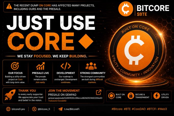 A promotional banner for 'BITCORE $BTE' with the headline 'JUST USE CORE', promoting their presale on GemPad and emphasizing features like utility, security, transparency, and community.