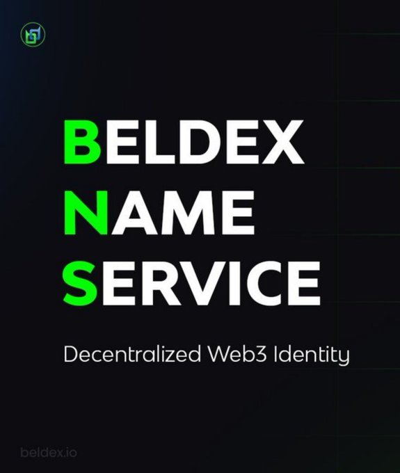 A promotional graphic for "BELDEX NAME SERVICE" with green and white text on a dark background, subtitled "Decentralized Web3 Identity" with the URL beldex.io.