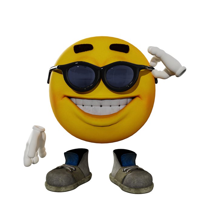 A 3D-rendered yellow smiley face emoji wearing sunglasses with white-gloved hands and gray work boots, presented against a white background.