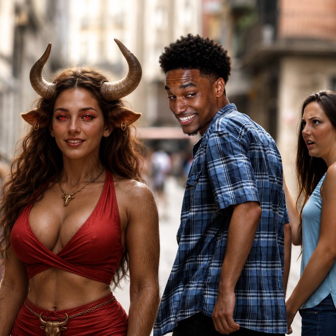 The image shows a man checking out a woman in a red top with horns, while his female companion beside him looks annoyed—capturing the humorous "every man" reaction referenced in the post about $ANSEM.