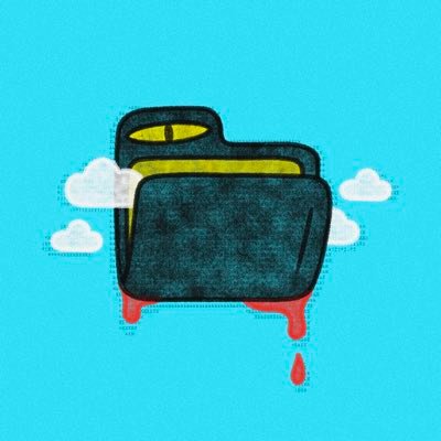 A stylized illustration of a dark, textured folder-like shape with a yellow accent, set against a bright turquoise background with small clouds and red droplets dripping from its base—visually evoking a "computer-like brain" that ties into the concept of human memory and the subconscious.