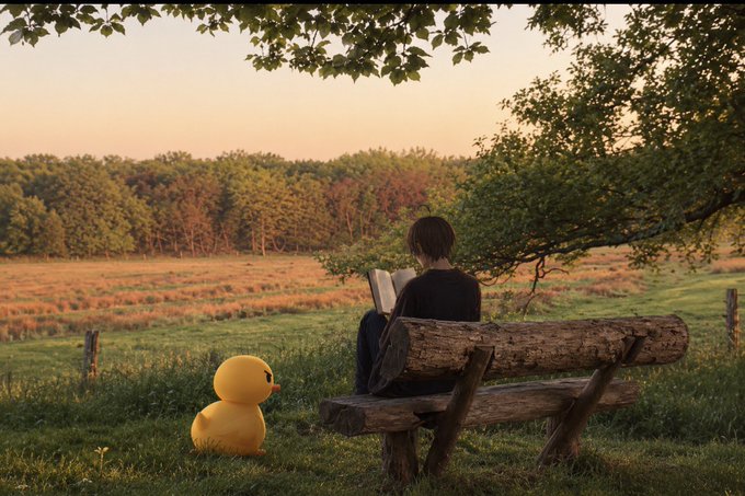 A person reads a book on a rustic wooden bench in a peaceful countryside field at sunset, while a large yellow rubber duck sits nearby.