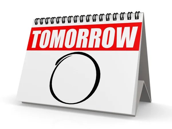 A 3D render of a spiral-bound desk calendar displaying 'TOMORROW' in bold red text at the top, with a black circle drawn on the page below.