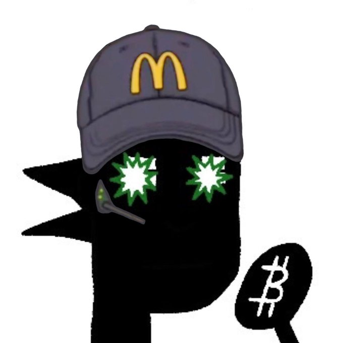 A black silhouette character wearing a grey McDonald's cap with a headset, featuring green starburst eyes, accompanied by a black speech bubble containing a Bitcoin symbol.