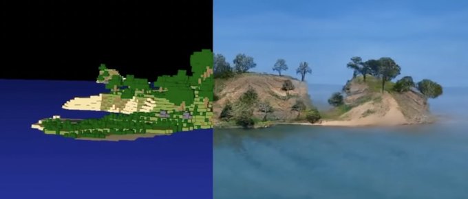 A split-screen comparison shows a Minecraft voxel recreation on the left and its realistic 3D-rendered counterpart on the right, both depicting a small forested island.