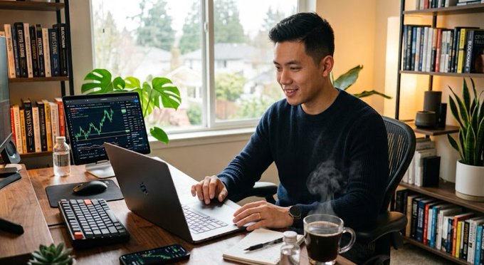 A man working at a desk with two laptops in a home office with bookshelves and plants, one screen displaying a stock chart.