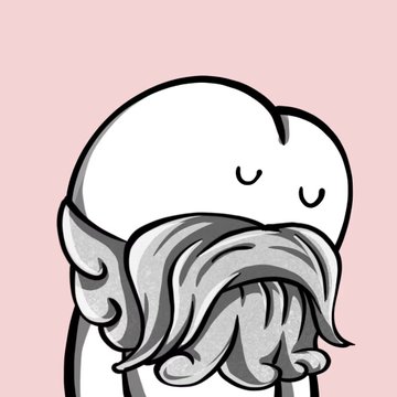 A simple cartoon drawing on a pink background of a smiling character with a bald head and large grey flowing beard or hair, eyes closed in a peaceful expression.