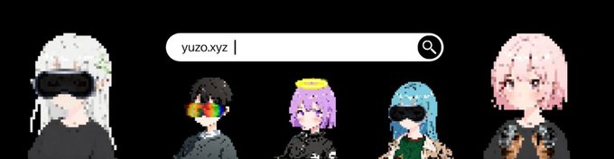 A pixel art image showing five anime-style character avatars below a search bar that contains the text "yuzo.xyz" next to a magnifying glass icon.