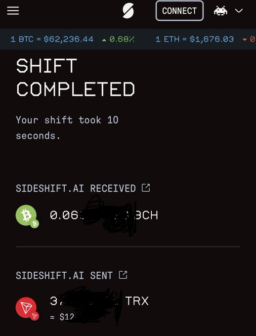 The image shows an account's Bitcoin transactions on an app, with "Completeed" marked at the top of the screen indicating that all transactions are done. The app also provides information about two Bitcoin addresses - one as a Sideshift address sent by Sideshift AI and another as a receiving address, which is connected to a Bitcoin wallet.