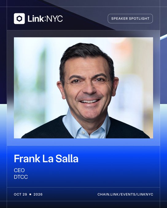 A Link:NYC "Speaker Spotlight" promotional graphic featuring Frank La Salla, CEO of DTCC, with the event details noting his October 29, 2026 speaking engagement tied to the launch of DTCC's Tokenization Service for tokenizing real-world assets held at the DTC.