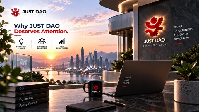 A promotional graphic for 'JUST DAO' with the tagline 'Why JUST DAO Deserves Attention,' highlighting features like innovation, ecosystem growth, and opportunities, set against a city skyline at sunset.
