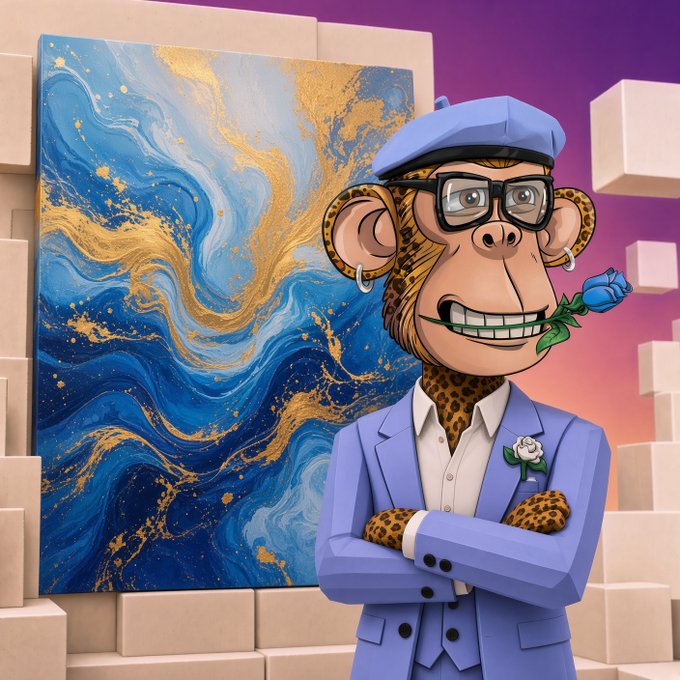 A digital illustration of an anthropomorphic monkey character wearing a purple beret, glasses, and a light blue suit, holding a blue rose in its mouth while standing in front of a blue and gold abstract painting.