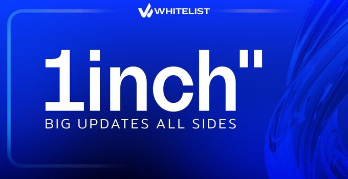 A blue promotional graphic with white text reading '1inch' and 'BIG UPDATES ALL SIDES' along with the WHITELIST logo.
