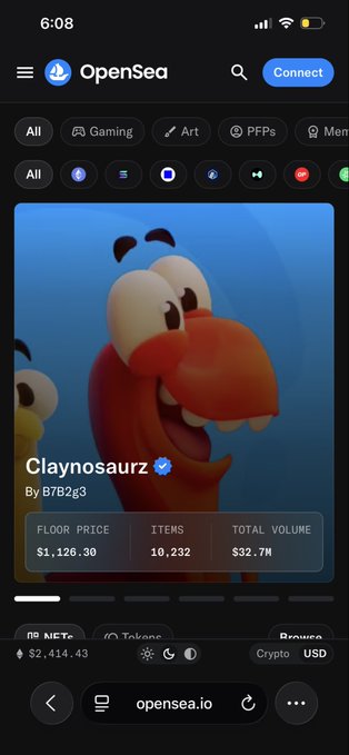 An OpenSea mobile app screenshot showing the 'Claynosaurz' NFT collection by B7B2g3 with a floor price of $1,126.30.