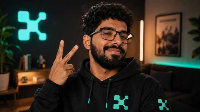 A man with curly hair, glasses, and a beard wearing a black hoodie with a teal 'X' logo, posing with a peace sign in a room with a matching neon X sign on the wall.