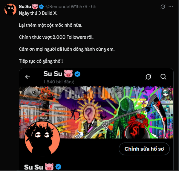 A Vietnamese Twitter/X post from Su Su (@RemondetW16579) celebrating reaching 2,000 followers on day 3 of 'Build X,' featuring her profile banner with a grumpy orange character and 'COMMUNITY' text.