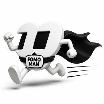 A cartoon superhero character shaped like the number "10" with a flowing cape runs energetically, wearing a shirt labeled "FOMO MAN" — visually representing the meme token featured in the post about onboarding FOMO to the @fomomanmeme community.