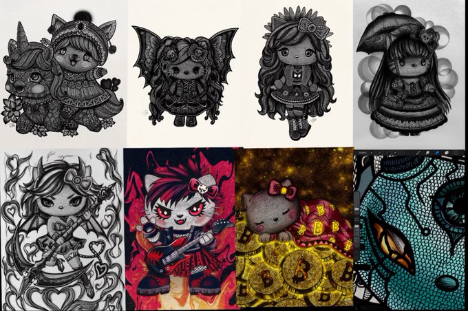 A collage features various anime and chibi-style character illustrations, including Hello Kitty figures, a Hello Kitty-themed rockstar with a guitar, a cat sleeping on Bitcoin, and a colorfully textured face design.