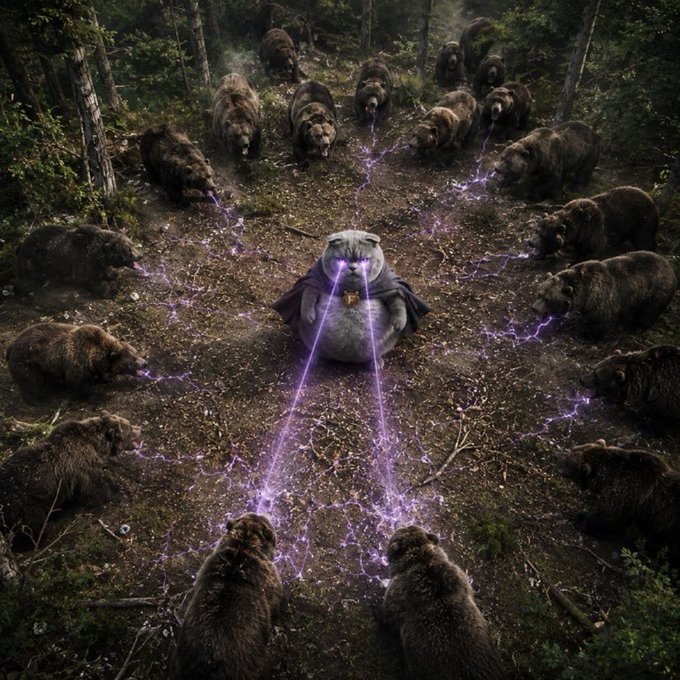 A surreal fantasy scene featuring a central otter-like figure in a robe emanating purple lightning beams outward to a circle of bears in a forest clearing.