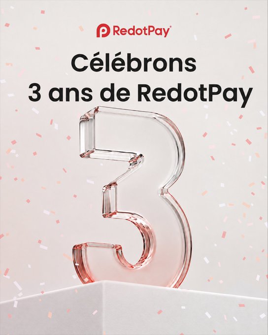 A celebratory RedotPay advertisement featuring a transparent "3" candle on a podium with confetti, displaying the French text "Célébrons 3 ans de RedotPay" (Let's celebrate 3 years of RedotPay) alongside the RedotPay logo, marking the company's 3rd anniversary promotion offering 40% off virtual cards for new users.