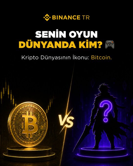 A Binance TR promotional graphic featuring a golden Bitcoin coin facing off against a shadowy silhouette of a video game character with a purple question mark, under the Turkish headline "SENİN OYUN DÜNYANDA KİM?" ("Who is in your gaming world?"), directly tying to the post's invitation for users to share their own gaming world's hero alongside the crypto world's iconic Bitcoin.