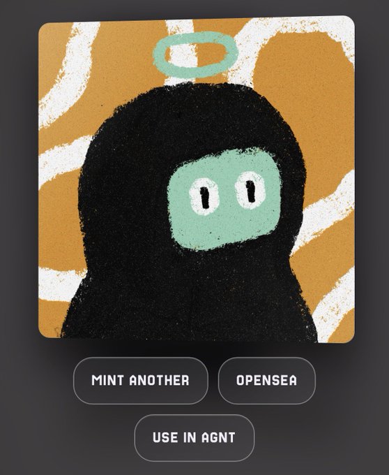 A hooded character with a mint green face and halo is displayed alongside buttons reading "MINT ANOTHER," "OPENSEA," and "USE IN AGNT," showcasing the freshly minted AGNT NFT referenced in the post.
