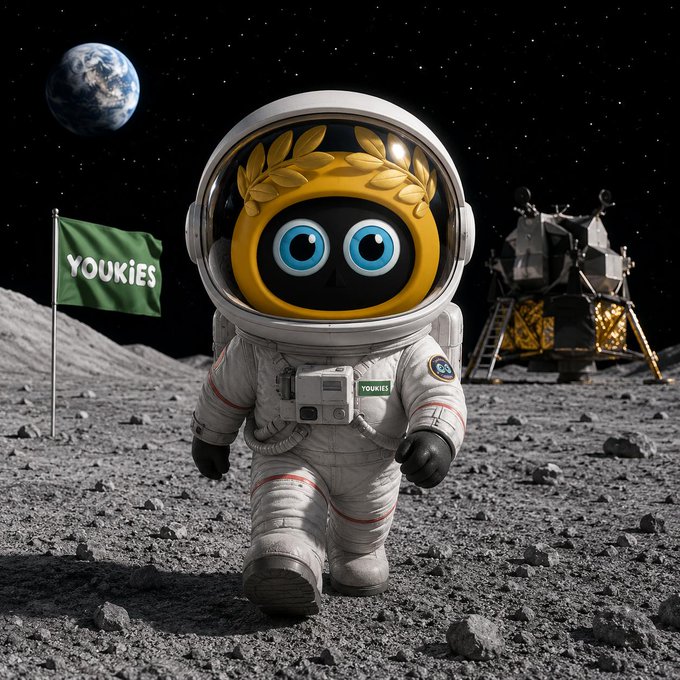 A digital illustration of a cartoon astronaut with a yellow face and blue eyes on a lunar surface, with a green "YOUKIES" flag, Earth in the background, and a lunar lander nearby.