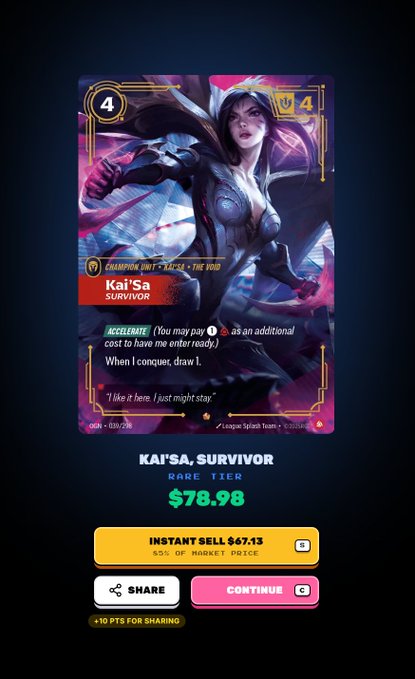 A mobile screenshot shows a League of Legends card featuring 'Kai'Sa, Survivor' from the 'K/DA' series priced at $78.98 with an instant sell option of $67.13.