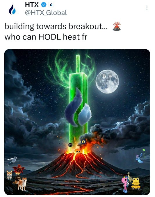 The image features a large green tower with a flame at its top, surrounded by lava and other elements of a volcano scene. The caption reads "Building towards breakout... who can HODL heat fr", which seems to be a reference to Bitcoin or another cryptocurrency. The post also includes a photo of the volcano and various characters from Pokémon games.