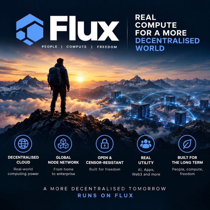 A promotional graphic for 'Flux' with the tagline 'REAL COMPUTE FOR A MORE DECENTRALISED WORLD', listing features like 'DECENTRALISED CLOUD', 'GLOBAL NODE NETWORK', and 'OPEN & CENSOR-RESISTANT' against a mountain sunset background.