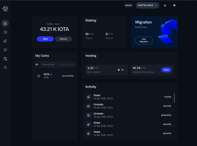 A screenshot of an IOTA wallet dashboard on the Devnet showing a balance of 43.21 K IOTA, with 10 IOTA staked and 41.74 IOTA available for staking. The interface illustrates staking activity with multiple stake and unstake transactions, directly supporting the post's guide on IOTA staking rewards and maximizing returns.