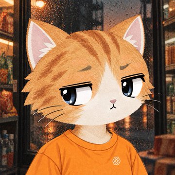 An illustrated anthropomorphic orange tabby cat character with large, expressive eyes and a slightly downturned mouth wears an orange t-shirt against a blurred urban background.