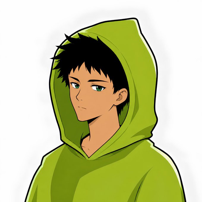 An anime-style illustration of a young man with black hair and green eyes wearing a green hoodie, shown in a portrait view against a white background.
