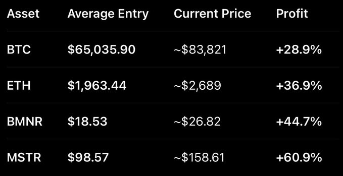 The image displays a cryptocurrency/stock portfolio table showing four assets—BTC (+28.9%), ETH (+36.9%), BMNR (+44.7%), and MSTR (+60.9%)—all currently in profit with their average entry prices and current prices, illustrating the strong performance of the poster's spot portfolio.