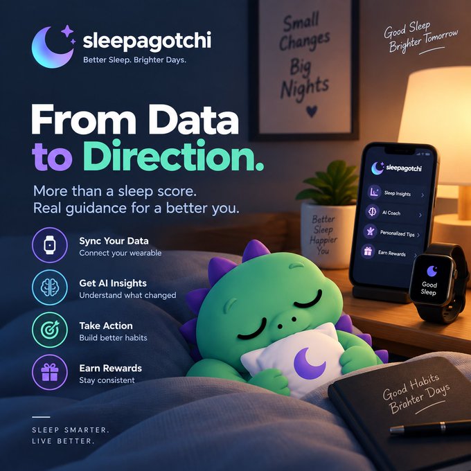 A promotional graphic for the 'Sleepagotchi' app featuring a green cartoon dragon mascot sleeping on a pillow, with text including 'From Data to Direction' and features like 'Sync Your Data', 'Get AI Insights', 'Take Action', and 'Earn Rewards'.