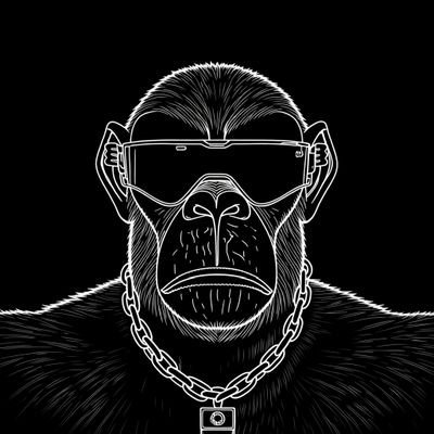 A black and white stylized illustration of a chimpanzee wearing sunglasses and a chain necklace with a padlock pendant.
