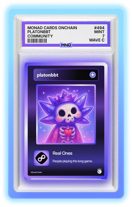 A digital 'Monad Cards Onchain' collectible card (#494) featuring a purple skeletal character and the username 'platonbbt' with the description 'Real Ones - People playing the long game.'