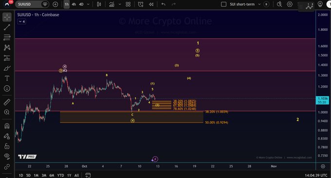 The image is a 1-hour SUI/USD candlestick chart from Coinbase showing a completed five-wave Elliott Wave count up to roughly $1.65, with a Fibonacci retracement tool indicating a pullback into the 78.6% level near $1.02 (with other key Fibs at 38.2%/$1.00 and 50%/$0.92) — visually reinforcing the post's outlook that holding the $1.02–$1.08 support zone is critical for the bullish yellow scenario targeting higher prices.