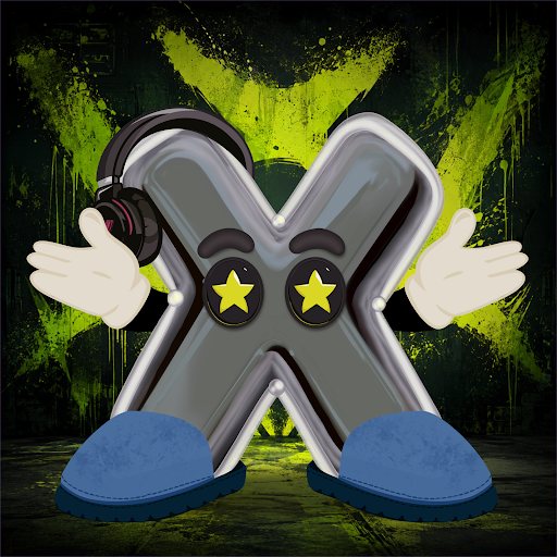 A 3D cartoon rendering of a metallic X-shaped character with starry eyes, wearing headphones, blue slippers, and white-gloved hands, set against a graffiti-style green and black background.