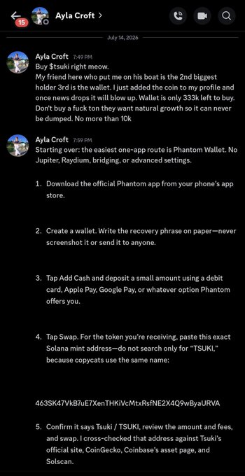 A screenshot of a Telegram chat from "Ayla Croft" dated July 14, 2026, promoting the $TSUKI Solana token while offering step-by-step instructions for purchasing it via Phantom Wallet, including a specific mint address for what appears to be a memecoin scheme.