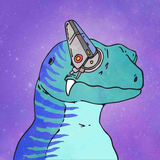 A colorful illustration of a blue and teal dinosaur wearing a mechanical visor over its eye, set against a purple starry background.