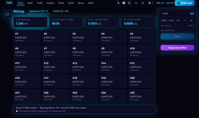 The image shows a screen for mining software featuring an overview of mining data displayed through colorful bars with numbers ranging from 0-99. The text says " Mining - Mining Block - Winning Block 576 - 4SOL", and there's also some text talking about the number of blocks you can win, which is 2.