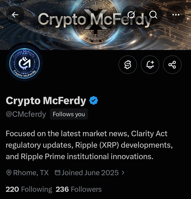 A screenshot of a Twitter/X profile for 'Crypto McFerdy' (@CMcferdy), verified, located in Rhome, TX, focused on crypto market news and Ripple (XRP) developments.